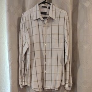 Van Heusen Men's Cream and Tan Plaid Shirt Large